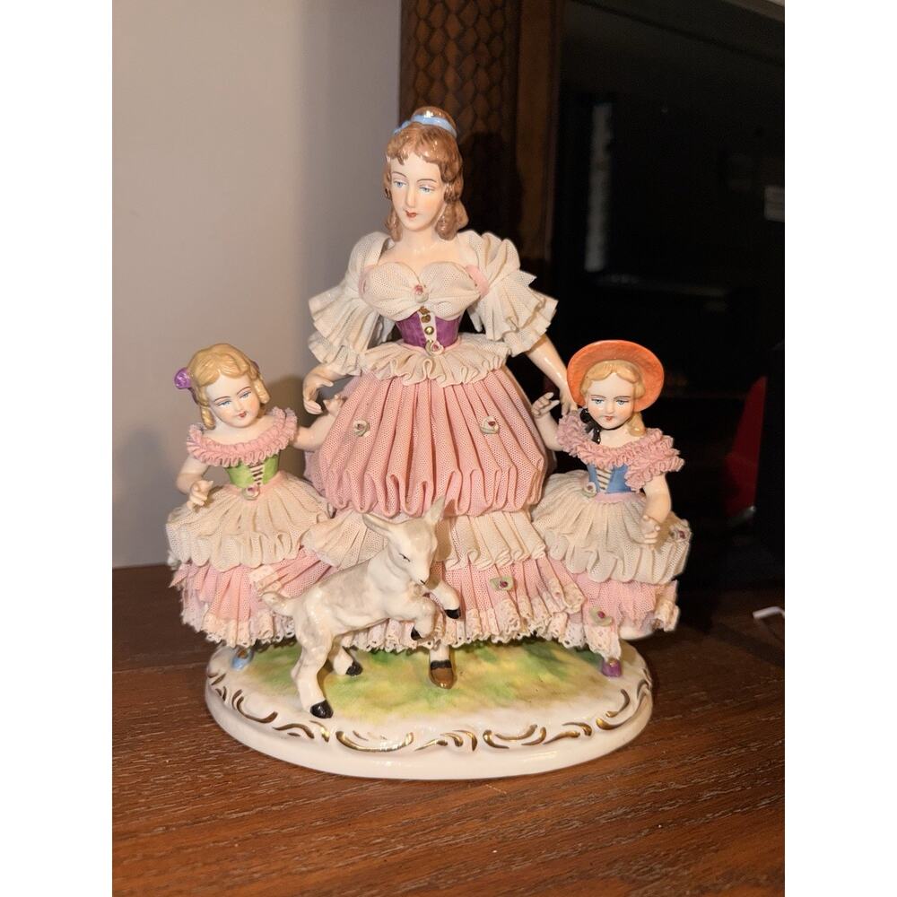 Germany Dresden Volkstedt Porcelain Lace Figurine mother daughter’s goat 8.5” T